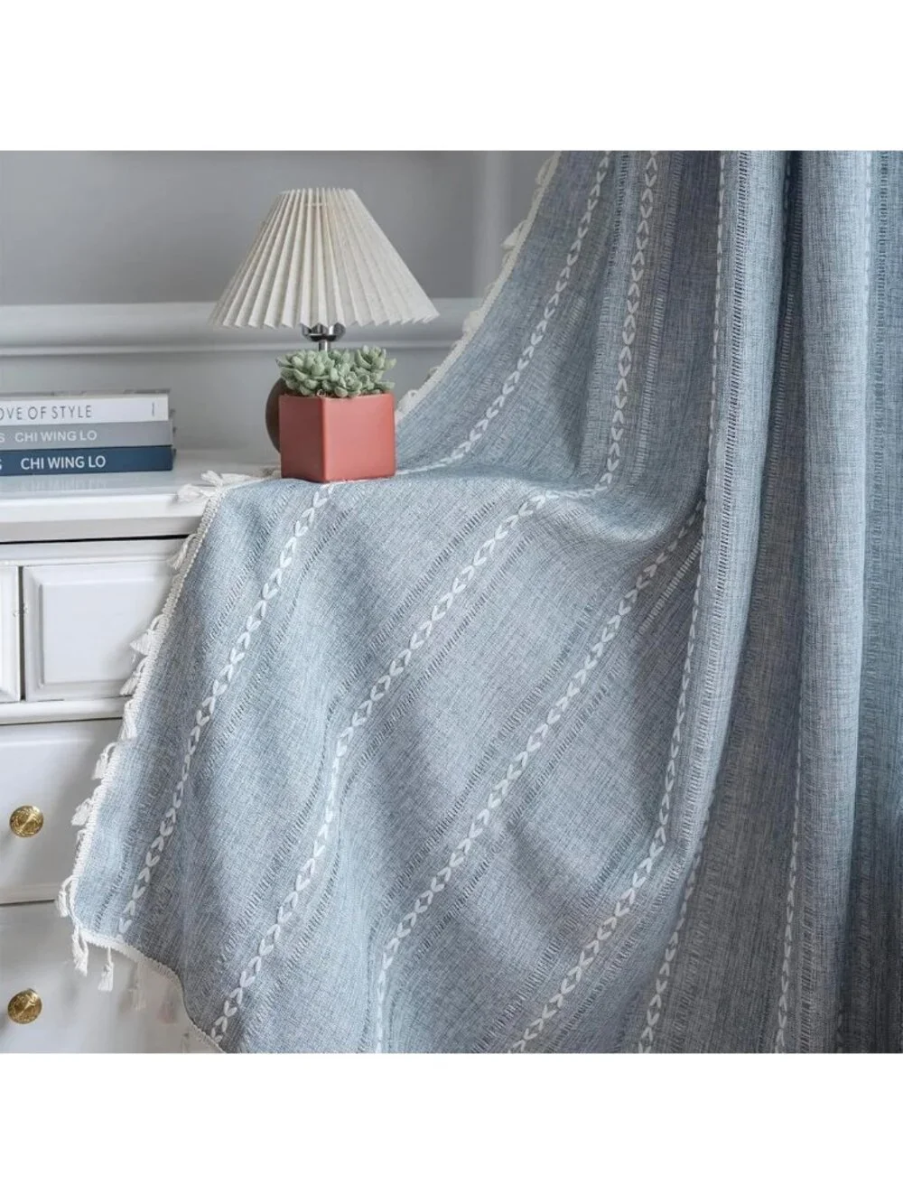 Boho Blue Linen-Textured Curtains, 84